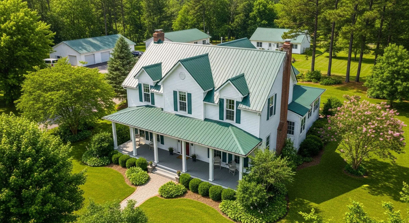 A Charming White Two-story House Featuring a Striking Dark Green Metal Roof, a Welcoming Front Porch With White Pillars