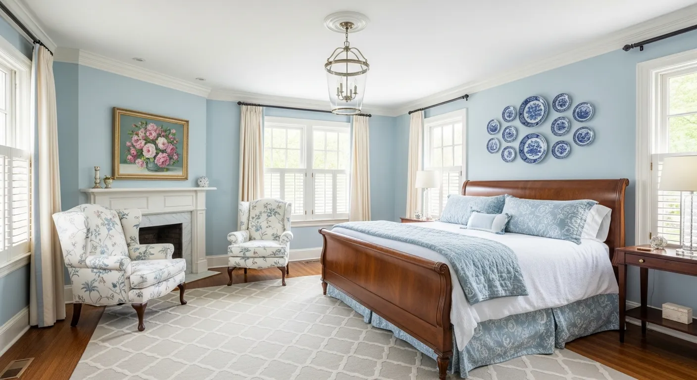 A Large Wooden Bed With Crisp White Bedding, a Light Blue Patterned Bed Skirt, and Matching Pillows