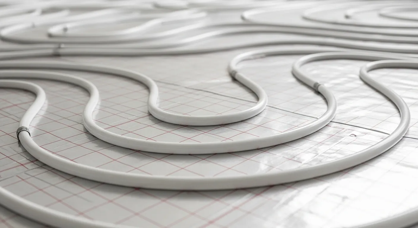 White Radiant Underfloor Heating Pipes Laid in a Serpentine Pattern on a Silver Foil Insulation Layer With Red Grid Lines