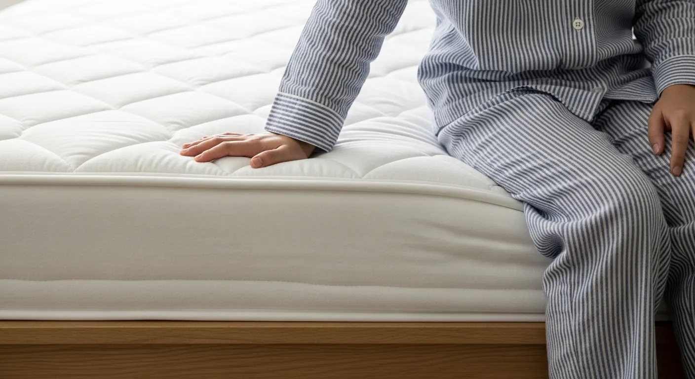 A Young Person, Possibly a Child or Young Adult, Seated on the Very Edge of a Pristine White Quilted Mattress