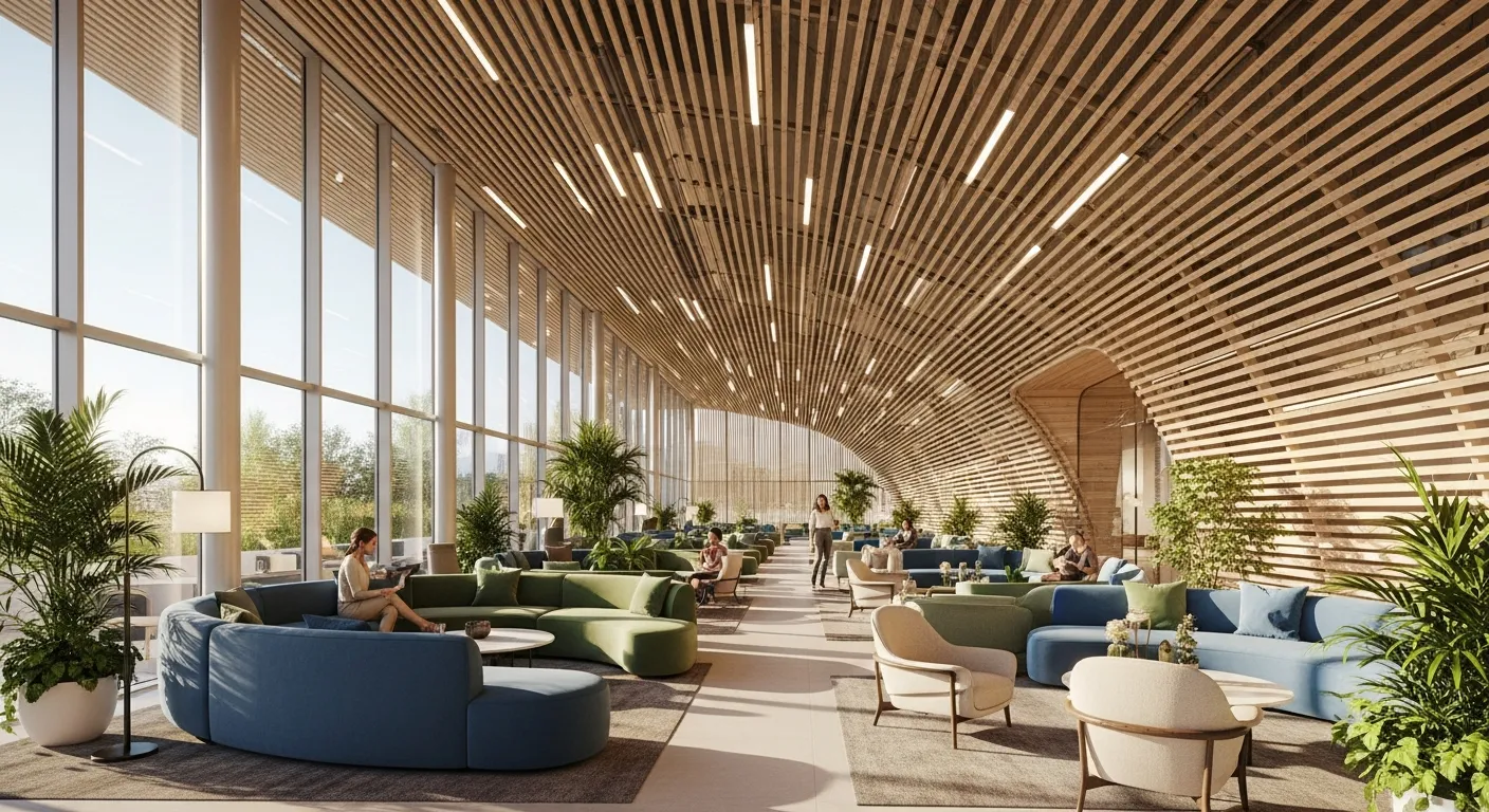 A Dramatic Curved Ceiling and Walls Made of Light Wooden Slats, Large Floor-to-ceiling Windows