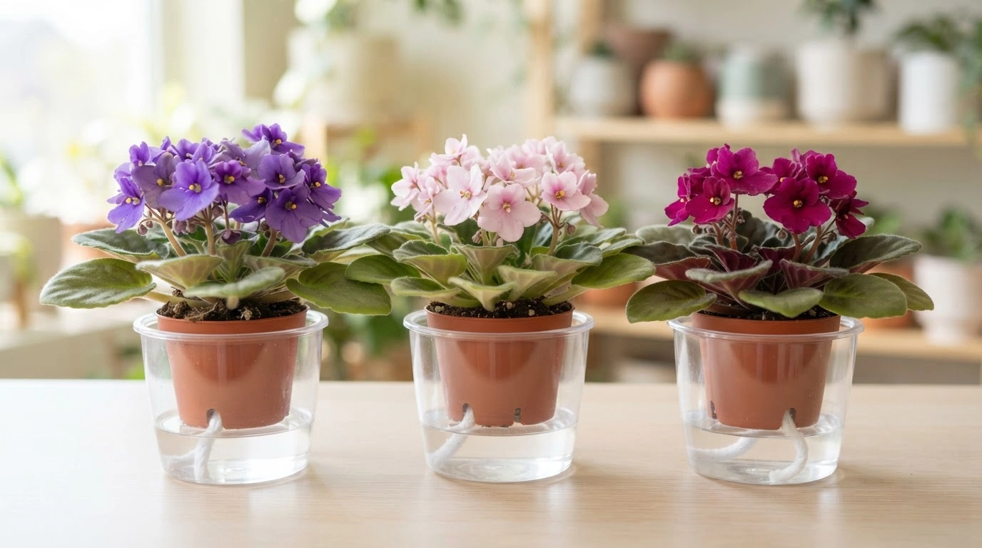 Three Thriving African Violet Plants, Each Plant is Housed in a Wick-watering System