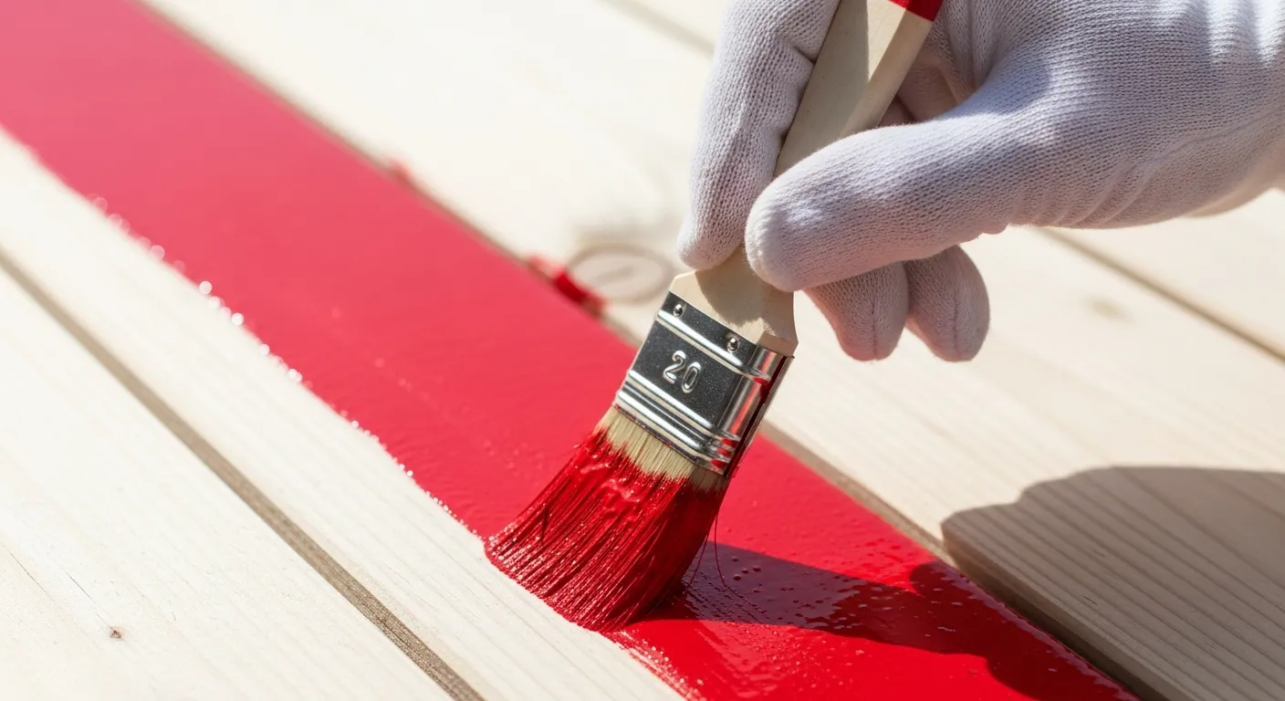 A Hand, Actively Applying Vibrant, Glossy Red Acrylic Paint Onto Light-colored Wooden Planks