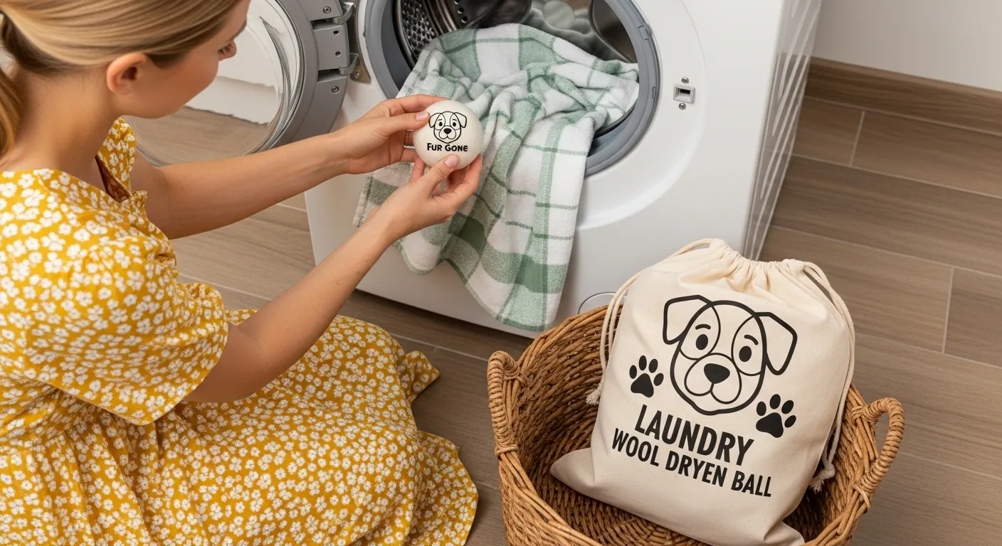 A White Spherical Wool Dryer Ball, Clearly Branded With a Black Cartoon Dog Face Logo