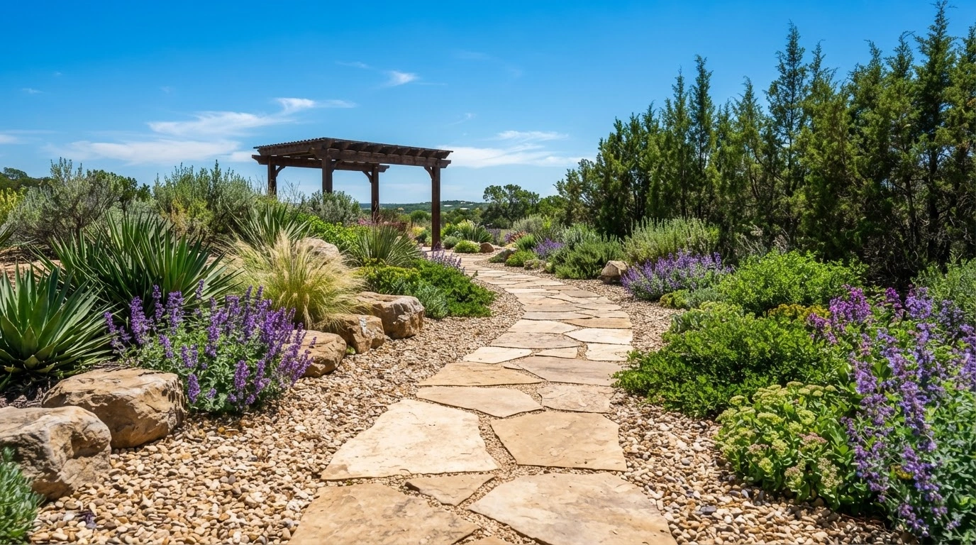 A Meticulously Designed Xeriscape Garden Path on a Bright, Clear Sunny Day