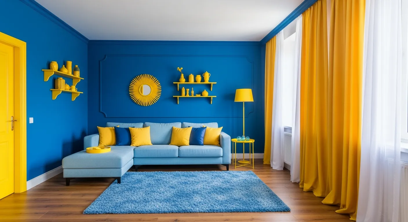 A Light Blue Sectional Sofa With Mixed Blue and Yellow Pillows Sits on a Warm Wooden Floor