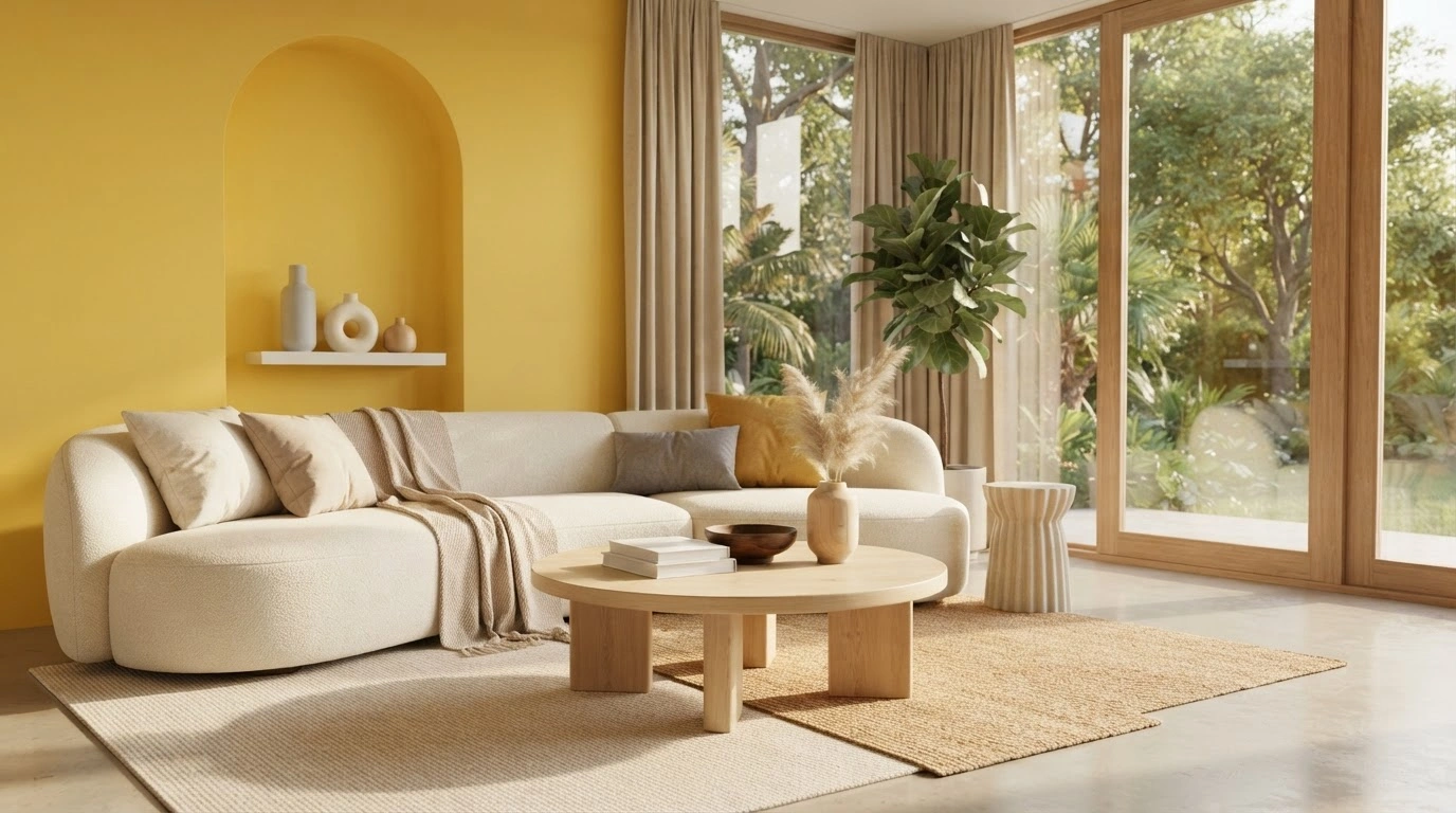 A Vibrant, Sunny Yellow Accent Wall With a Large, Deeply Recessed Arched Niche