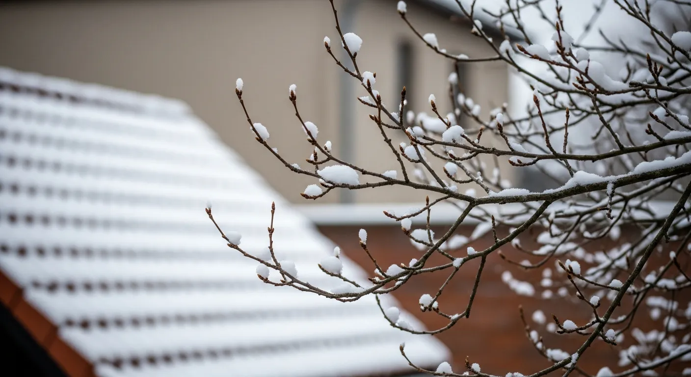 A Intricate Bare Hibiscus Tree Branches Adorned With Fresh, Fluffy White Snow Delicately Piled on the Very Tips of Their Dormant Buds