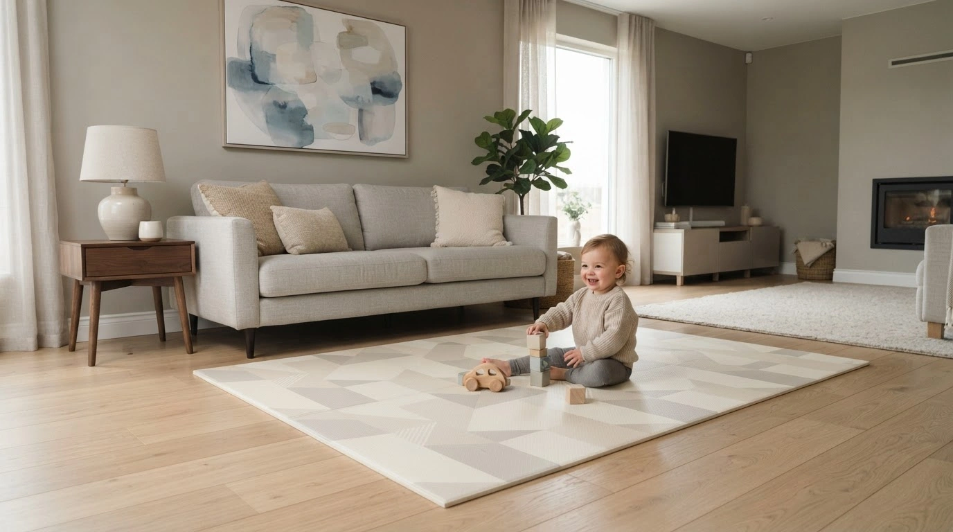 a child playing on the rug in the hall