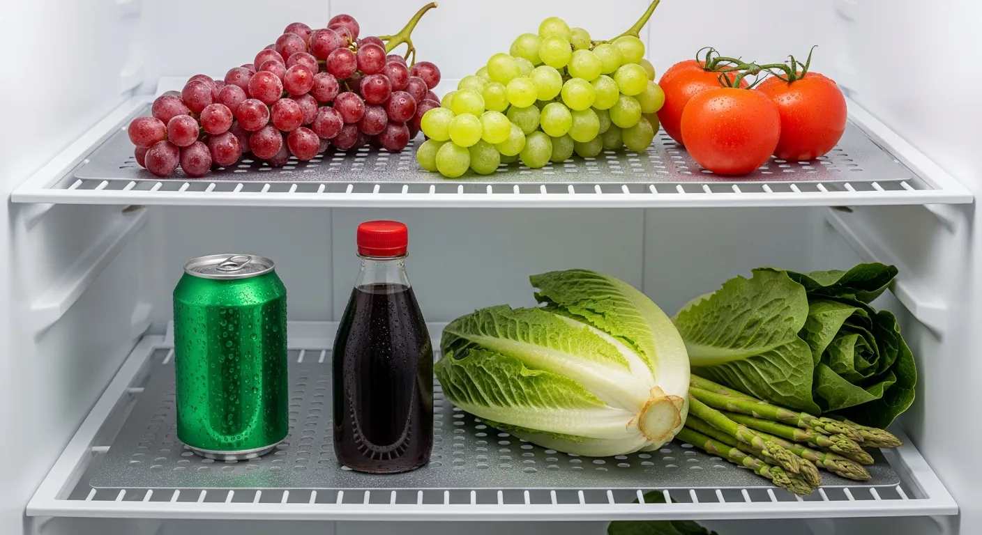 A Clean Refrigerator Interior, Showing Two White Shelves With Grey Perforated Liners