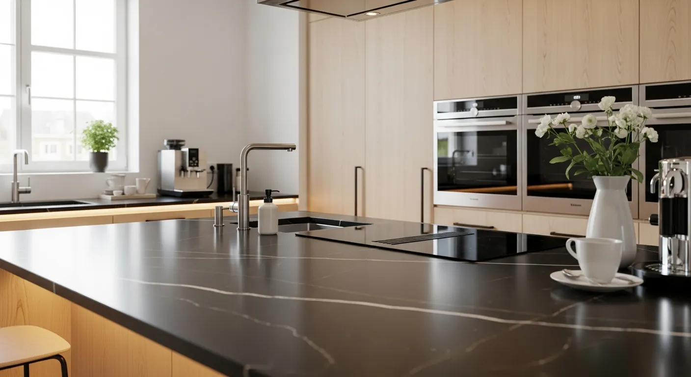 a kitchen with black countertop