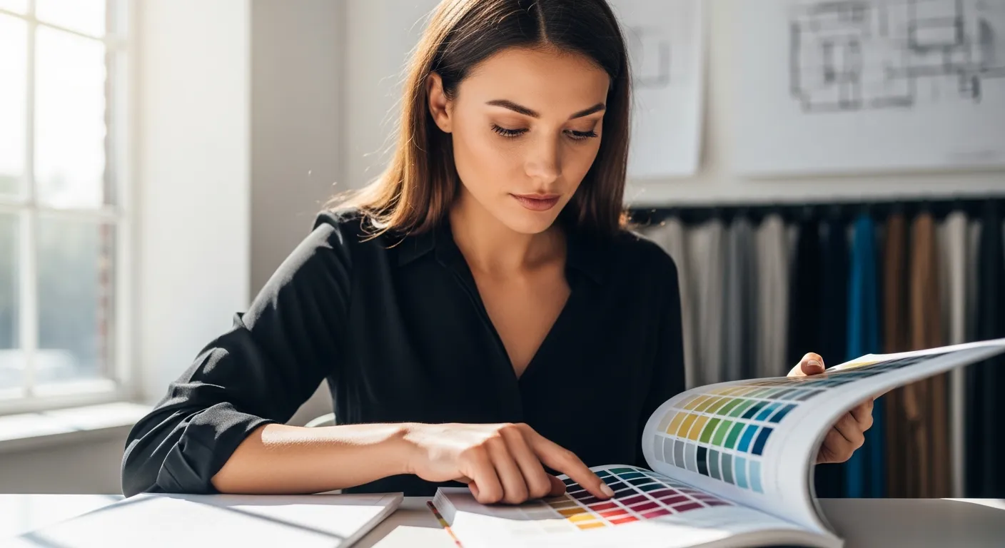 a woman looking at the color catalouge for color inspiration