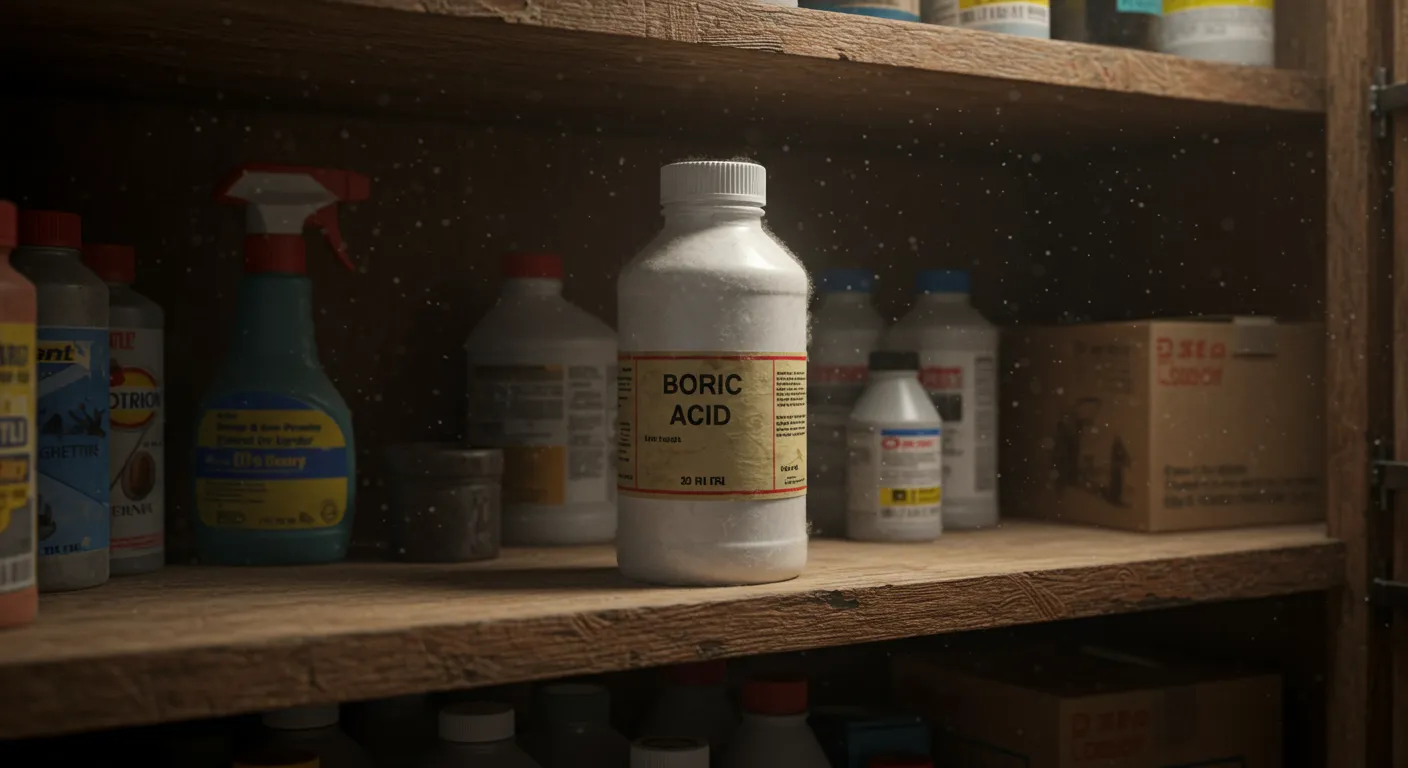 Boric Acid Bottle Placed on a Garage Shelf Boric Acid Bottle Placed on a Garage Shelf