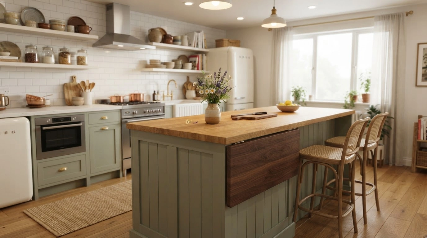 A Cozy Kitchen Interior With a Light Green Kitchen Island With Vertical Paneling, With a Warm Wood Countertop, and a Dark Wood Drop-leaf Extension