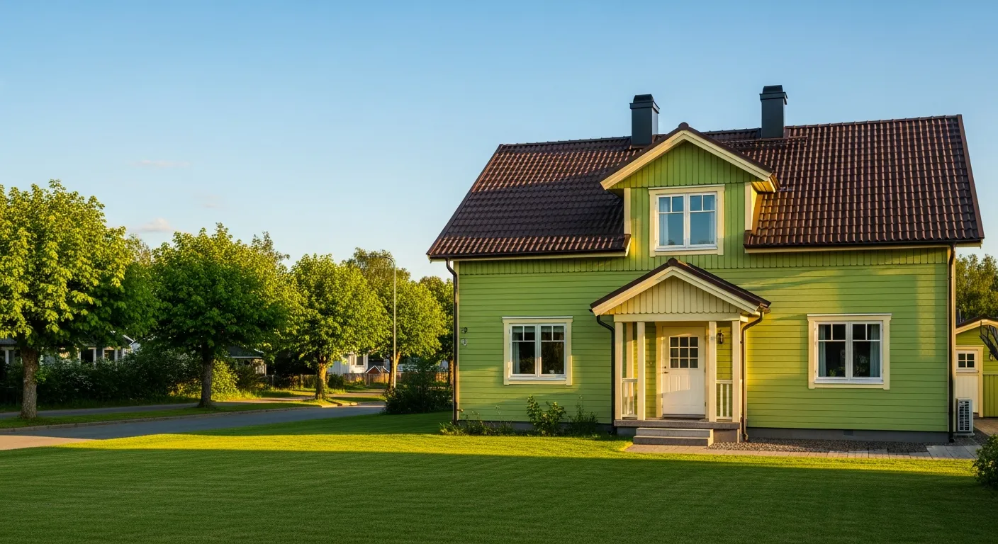 green and yellow exterior with brown roof