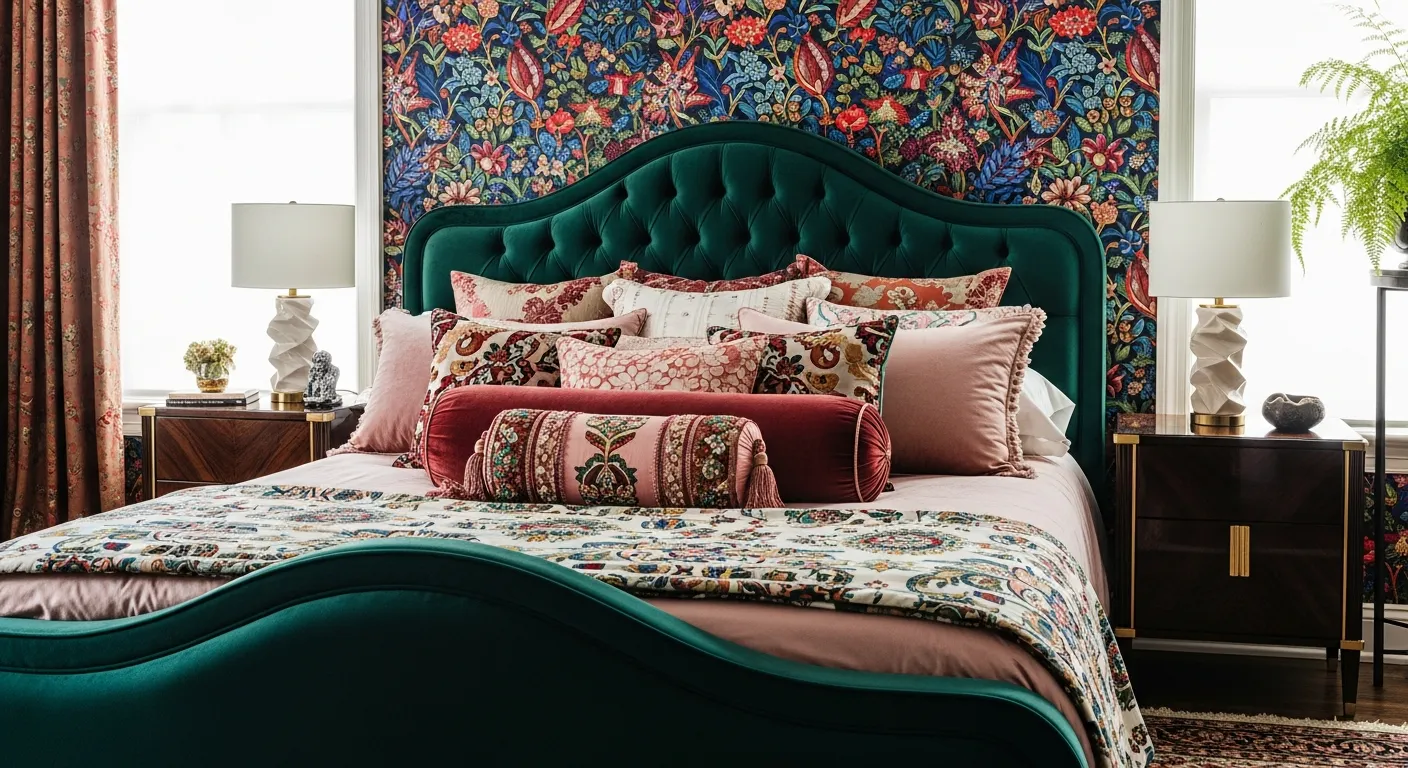 A Maximalist Bedroom Featuring a Vibrant Wallpaper in Bold, Contrasting Colors