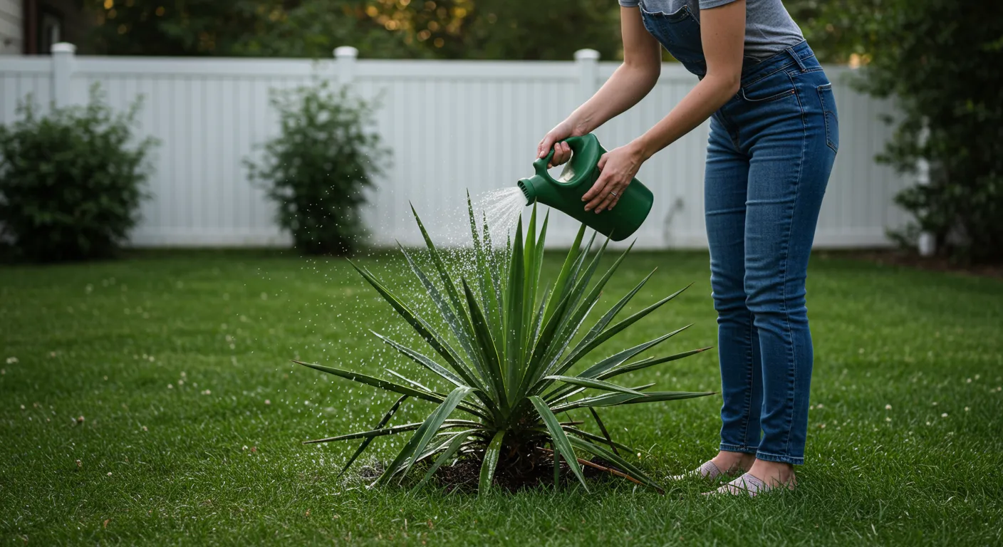 A Women Watering Yucca Plant A Women Watering Yucca Plant