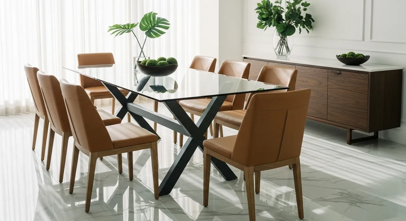 Glass Dinning Table with Tan Leather Chairs Glass Dinning Table with Tan Leather Chairs
