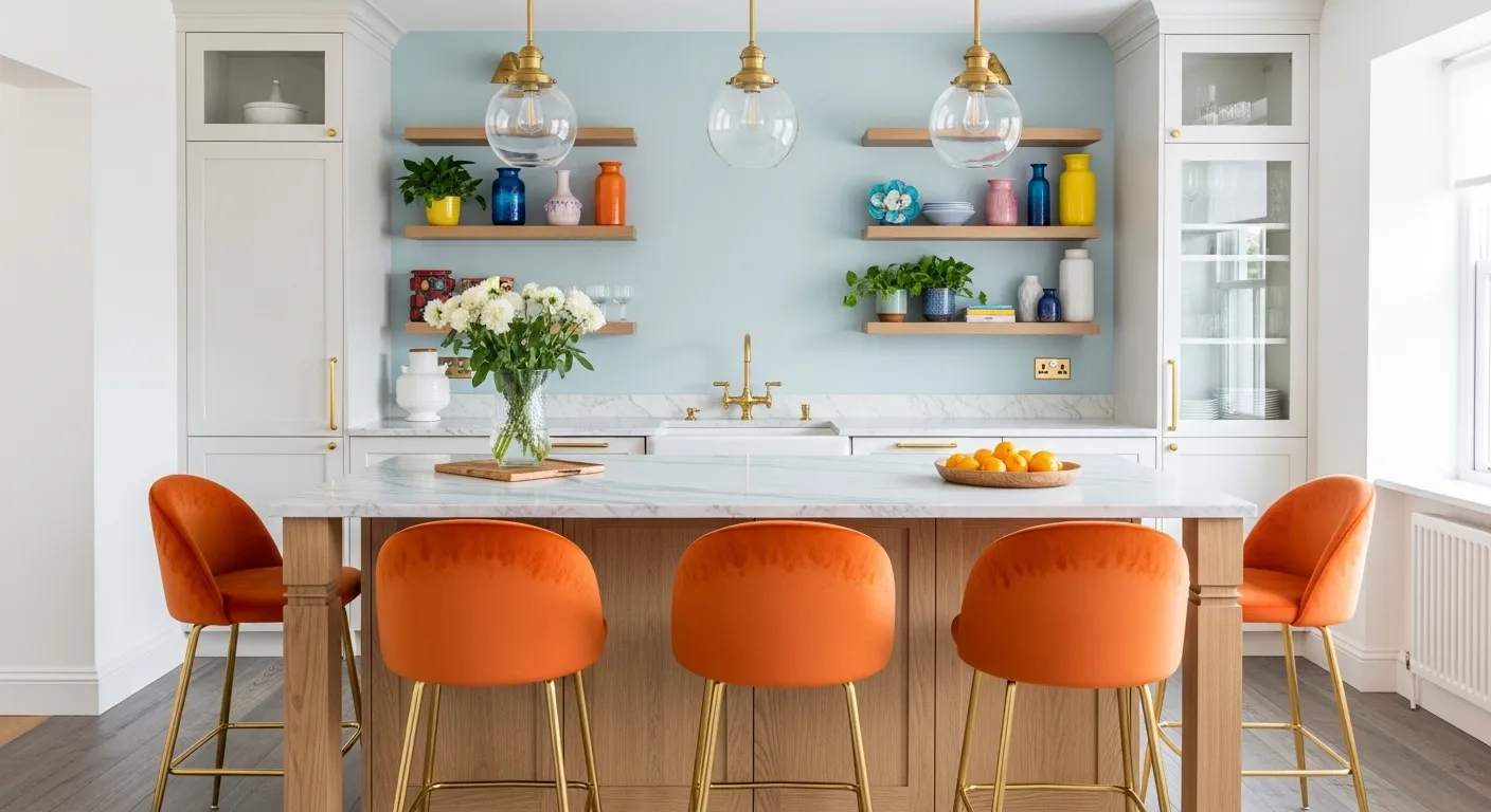 Bright Airy Kitchen With Marble Countertop and Some Orange Chairs Around It Bright Airy Kitchen With Marble Countertop and Some Orange Chairs Around It