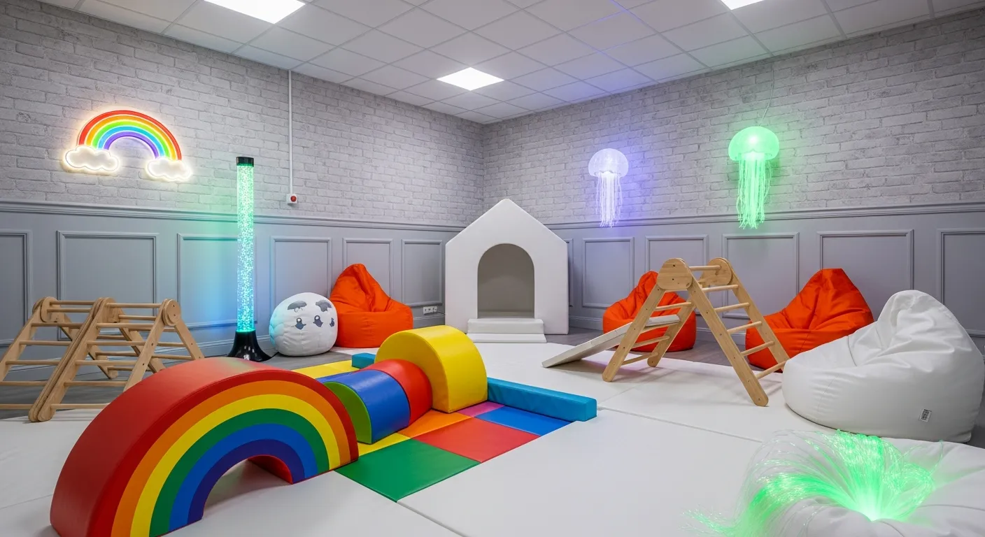 A White Padded Floor With Colorful Gel Tiles, a Rainbow-striped Soft Play Obstacle, a White Soft Playhouse, a Wooden Climbing Frame