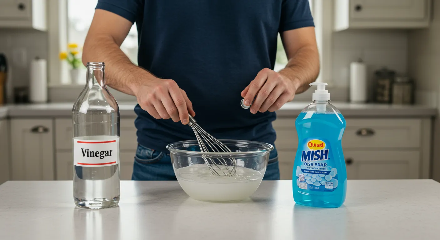 A Man Mixing Vinegar with Dishwasher Liquid A Man Mixing Vinegar with Dishwasher Liquid