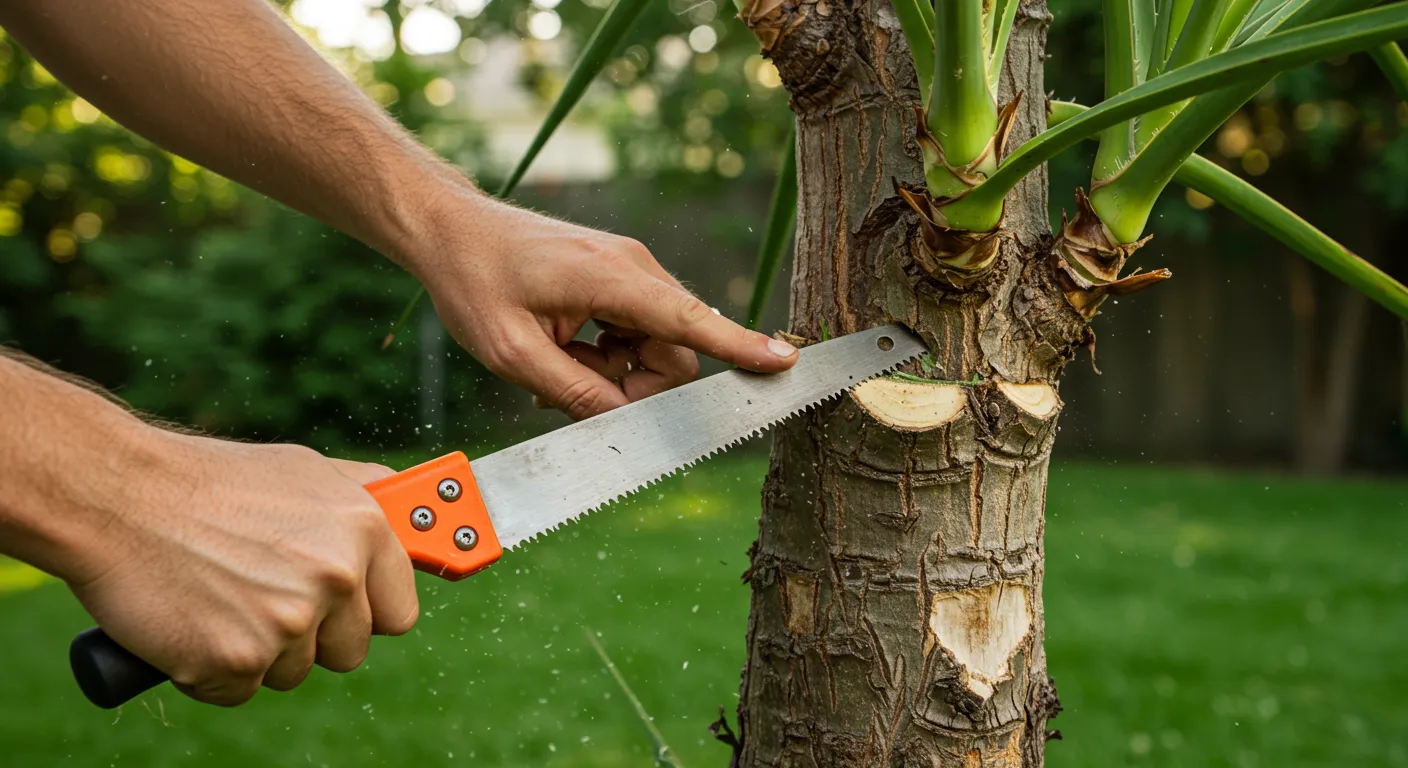 A Person Trimming the Trunk Area Leaves A Person Trimming the Trunk Area Leaves