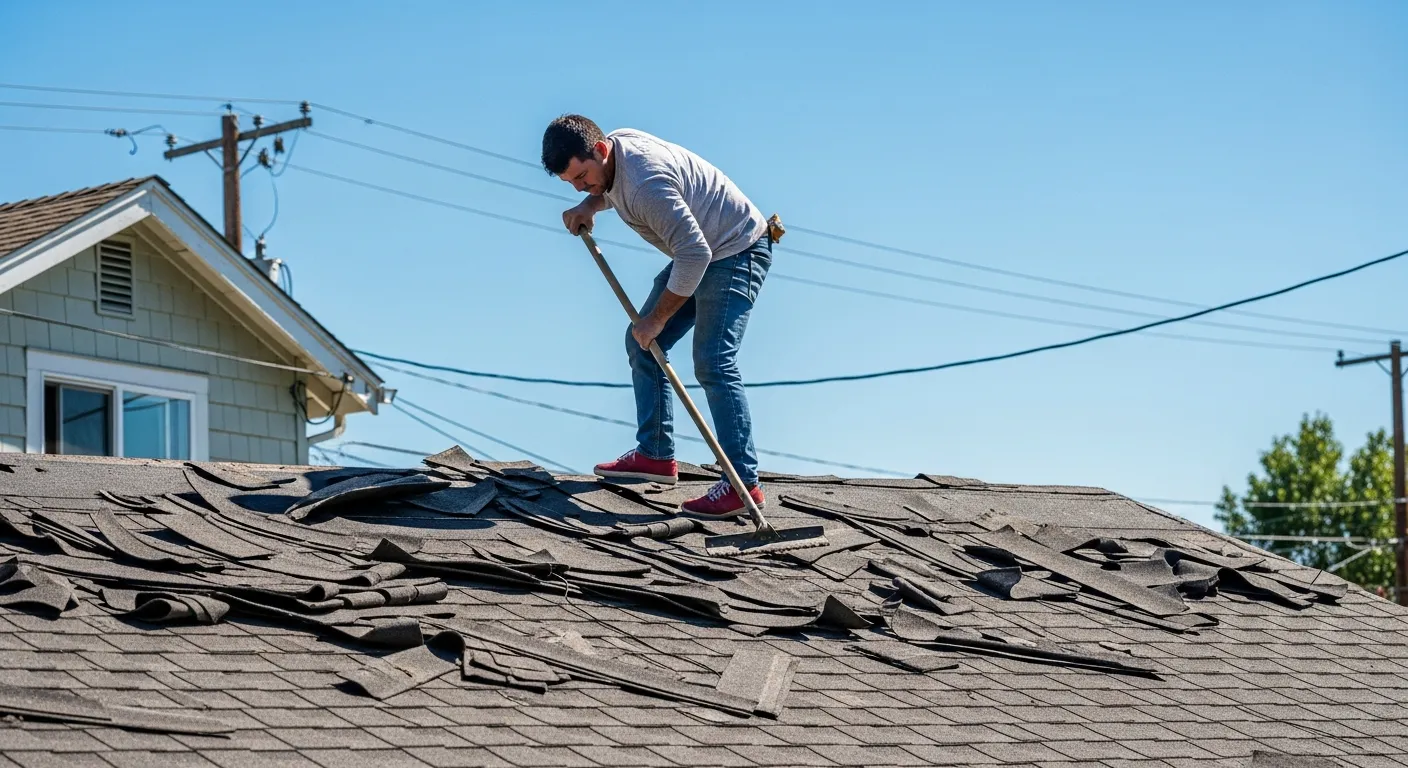 A man on roof clearing tiles