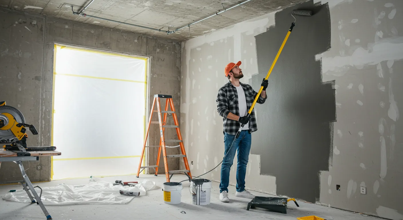 A man painting an interior wall with a roller during a home renovation project.