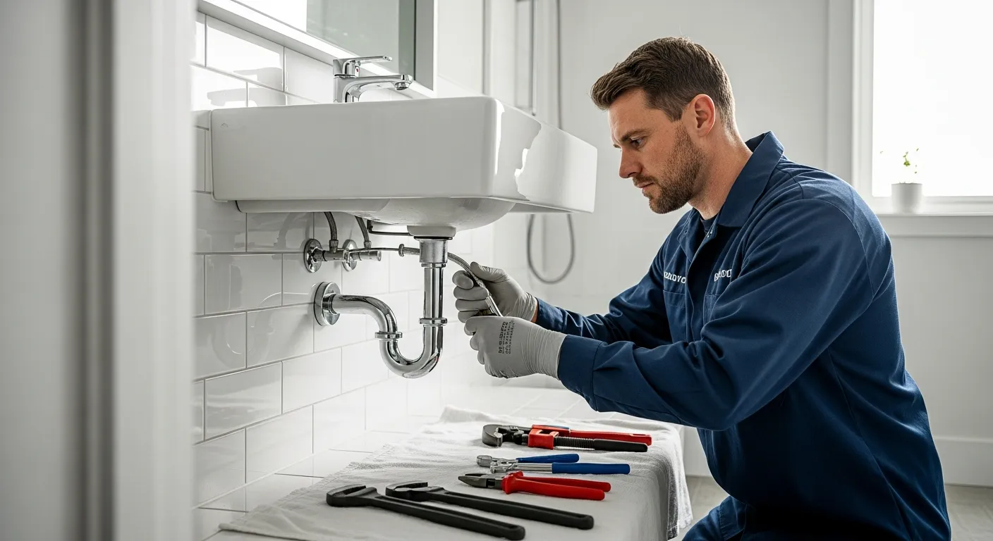 Plumber checking the sink pipes