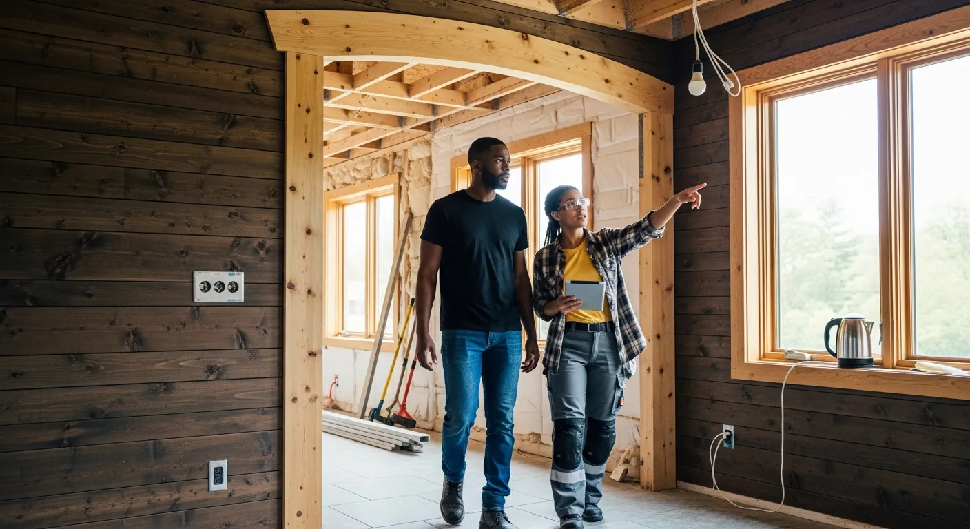 Two adults discussing home renovation in a partially constructed modern wooden interior