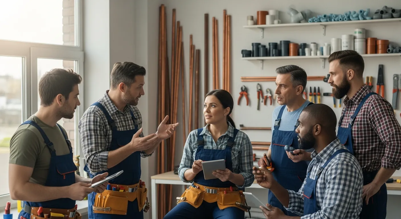 a group of local plumbers gathered around an anchor, discussing plumbing solutions for home maintenance tasks.