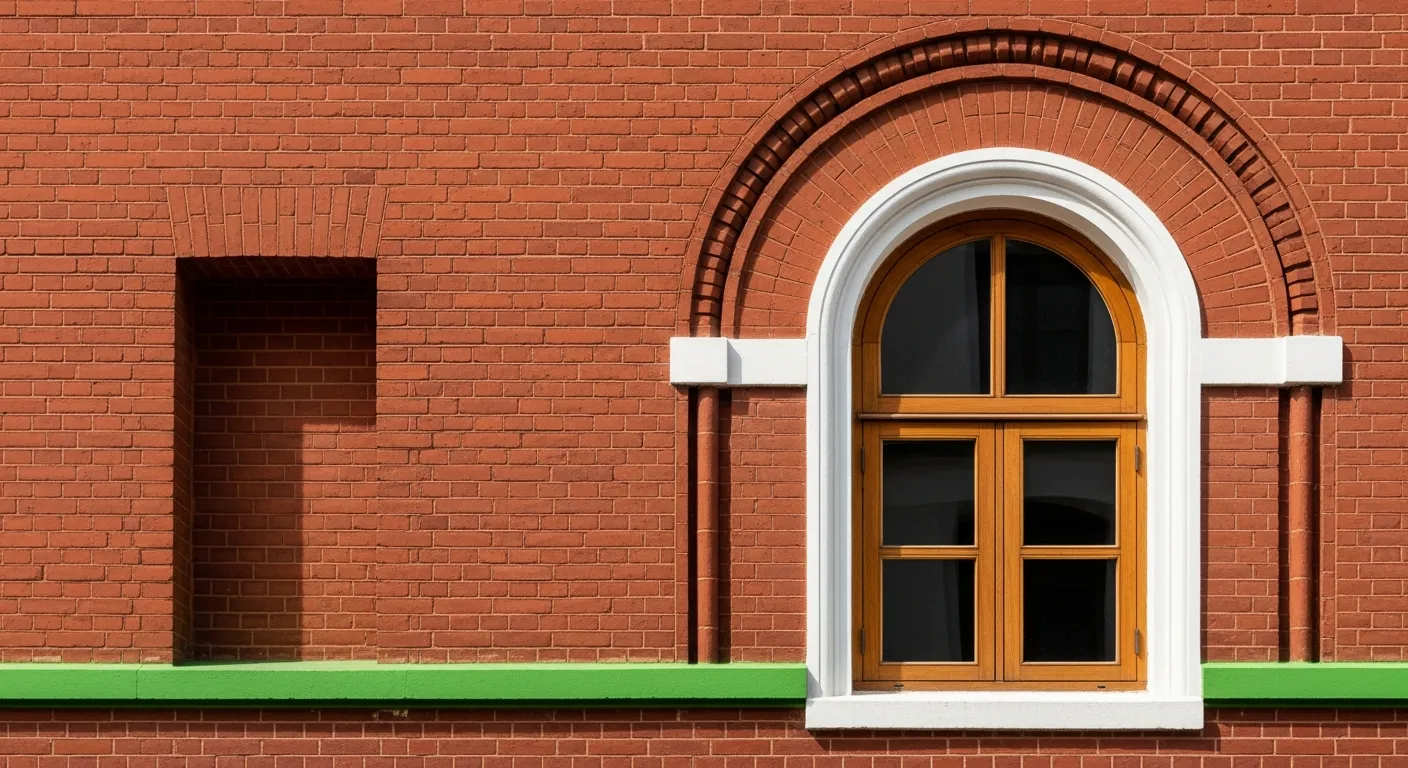Window with arched top on a brick building.