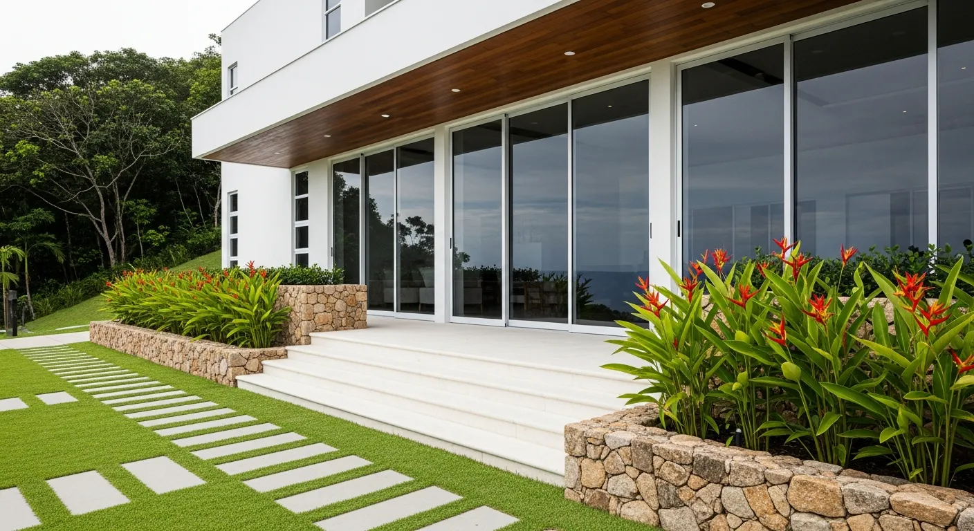 a house that has a bunch of plants in front of it