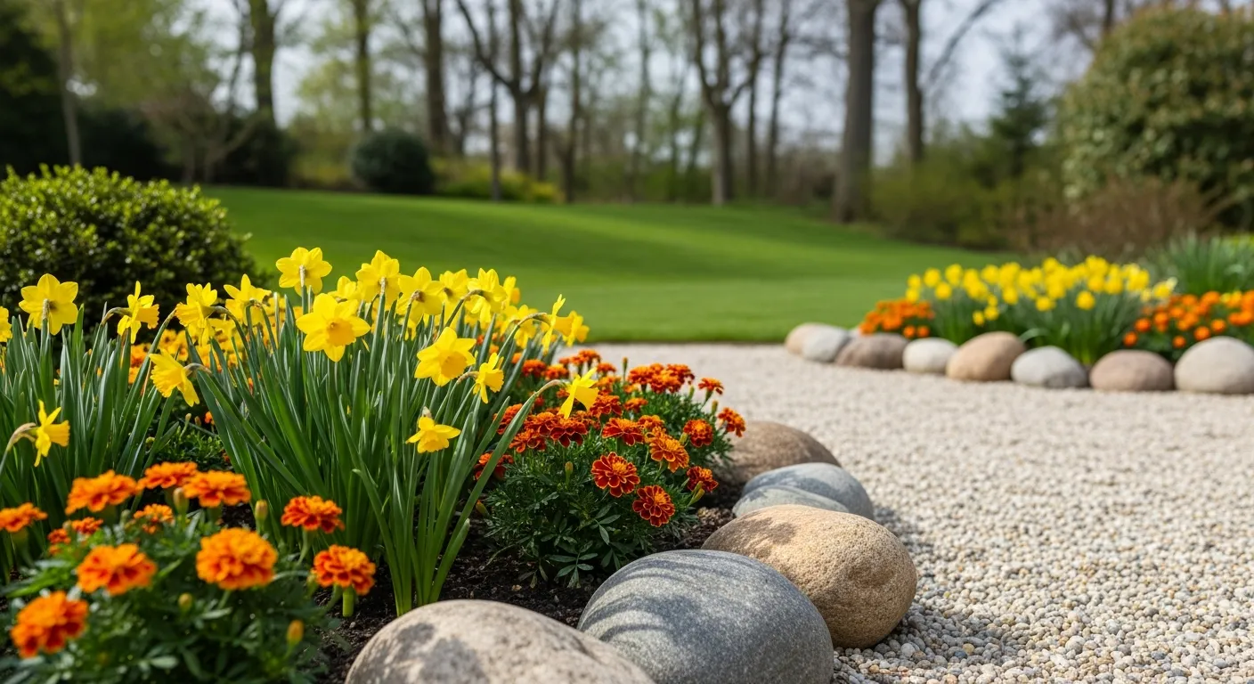 A Profusion of Bright Yellow Daffodils, Many Featuring Striking Orange Trumpet-shaped Coronas
