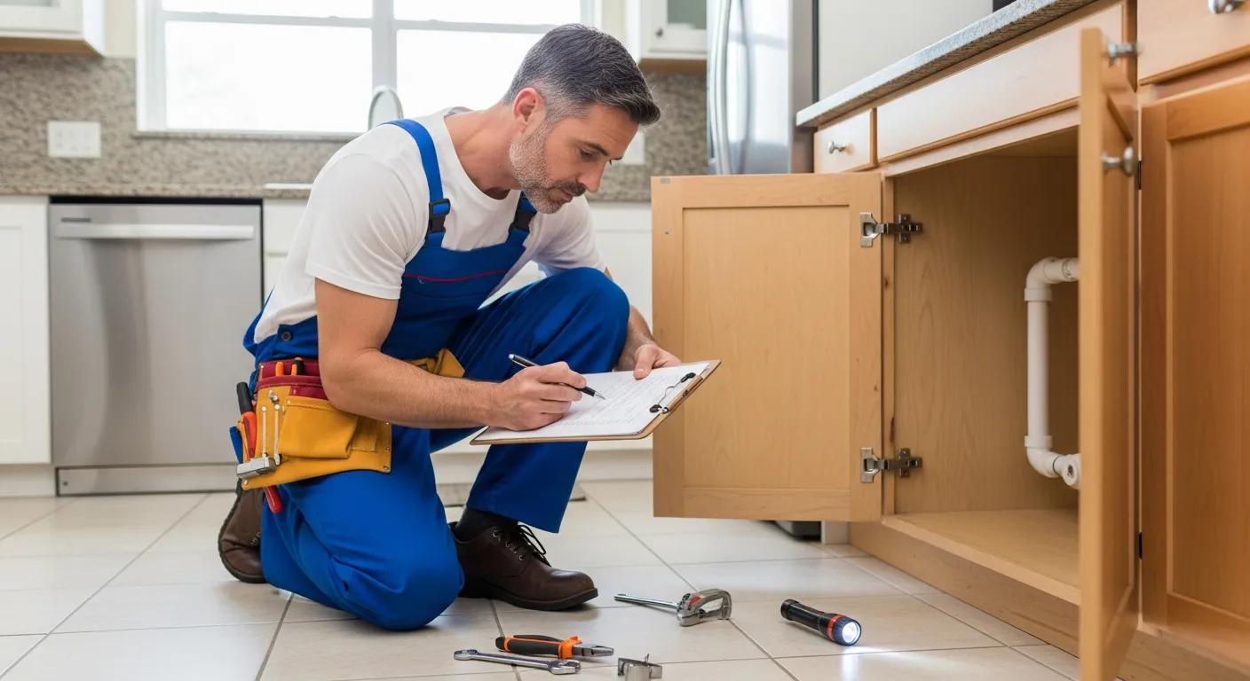a plumber examining a burst pipe under a sink and taking notes on a clipboard. a plumber examining a burst pipe under a sink and taking notes on a clipboard.