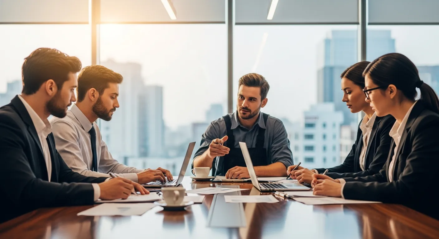a group of business professionals sitting around a conference table, engaged in a discussion about warranty and follow-up service options with a plumber near me. a group of business professionals sitting around a conference table, engaged in a discussion about warranty and follow-up service options with a plumber near me.