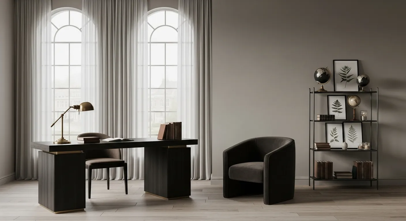 A Minimalist Dark Academia Study, With an Expansive and Airy Space Bathed in Soft, Diffused Natural Light From Tall, Arched Windows