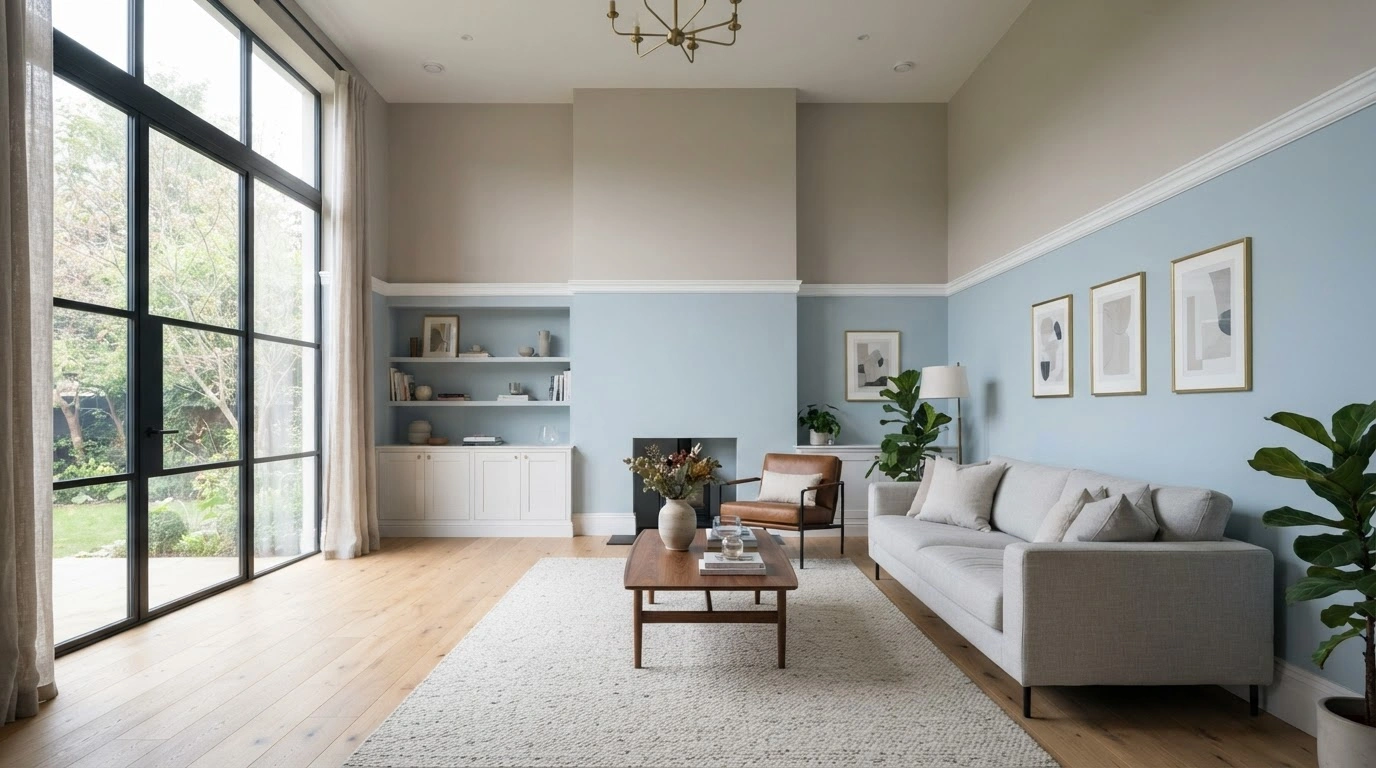 A Modern Living Room Designed With the Wall Painted in Light Muted Sage Green, and Beige